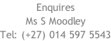 Enquires Ms S Moodley Tel: (+27) 014 597 5543