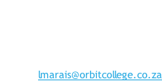Rustenburg Campus Name:	Ms L Peyper Occupation:	Student Support  Officer Academic Tel:	(014) 597 5568 E-mail:	lmarais@orbitcollege.co.za